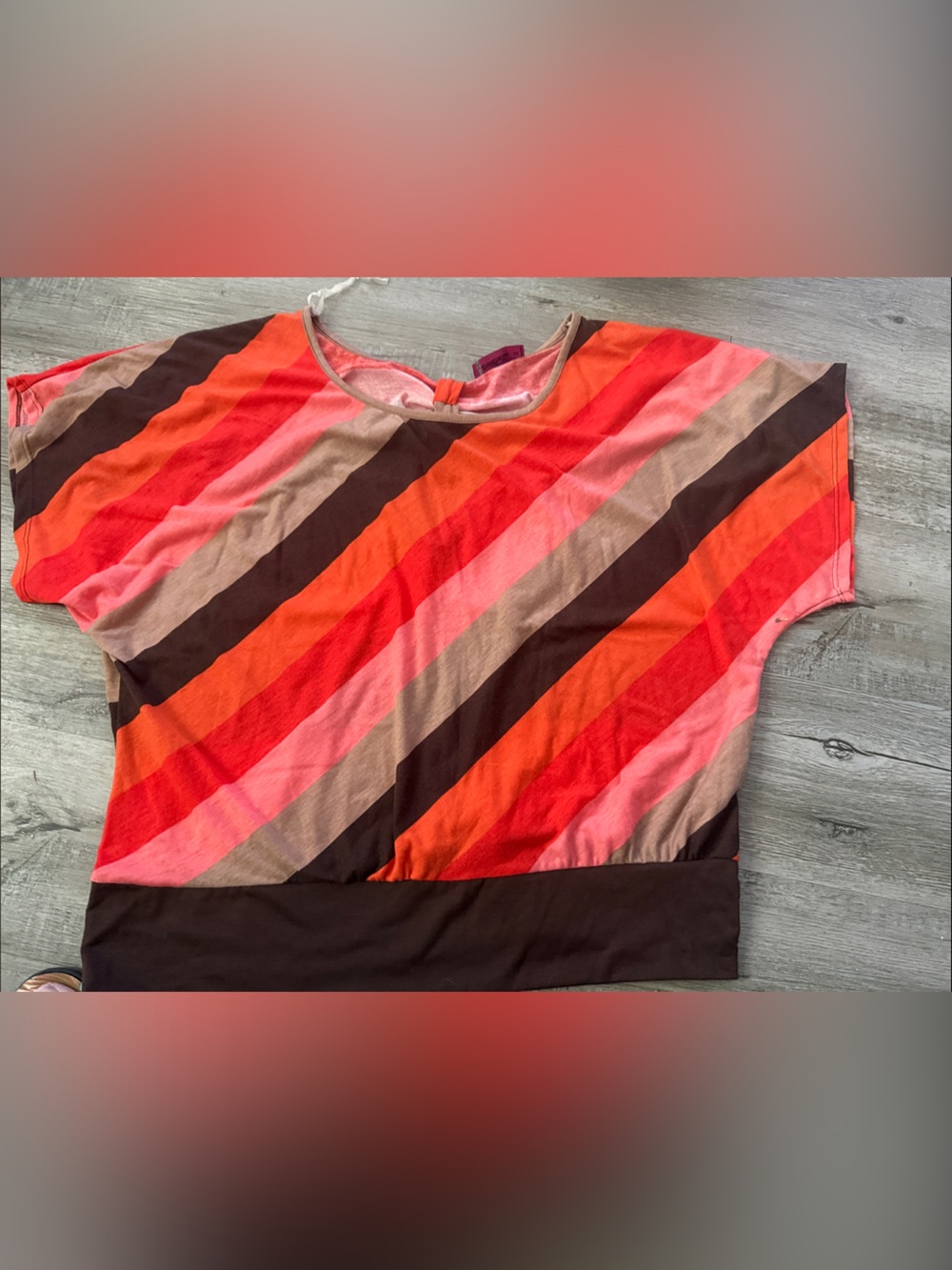 Annabelle Diagonal Striped Batwing Top in Red, Pink, Orange, Brown